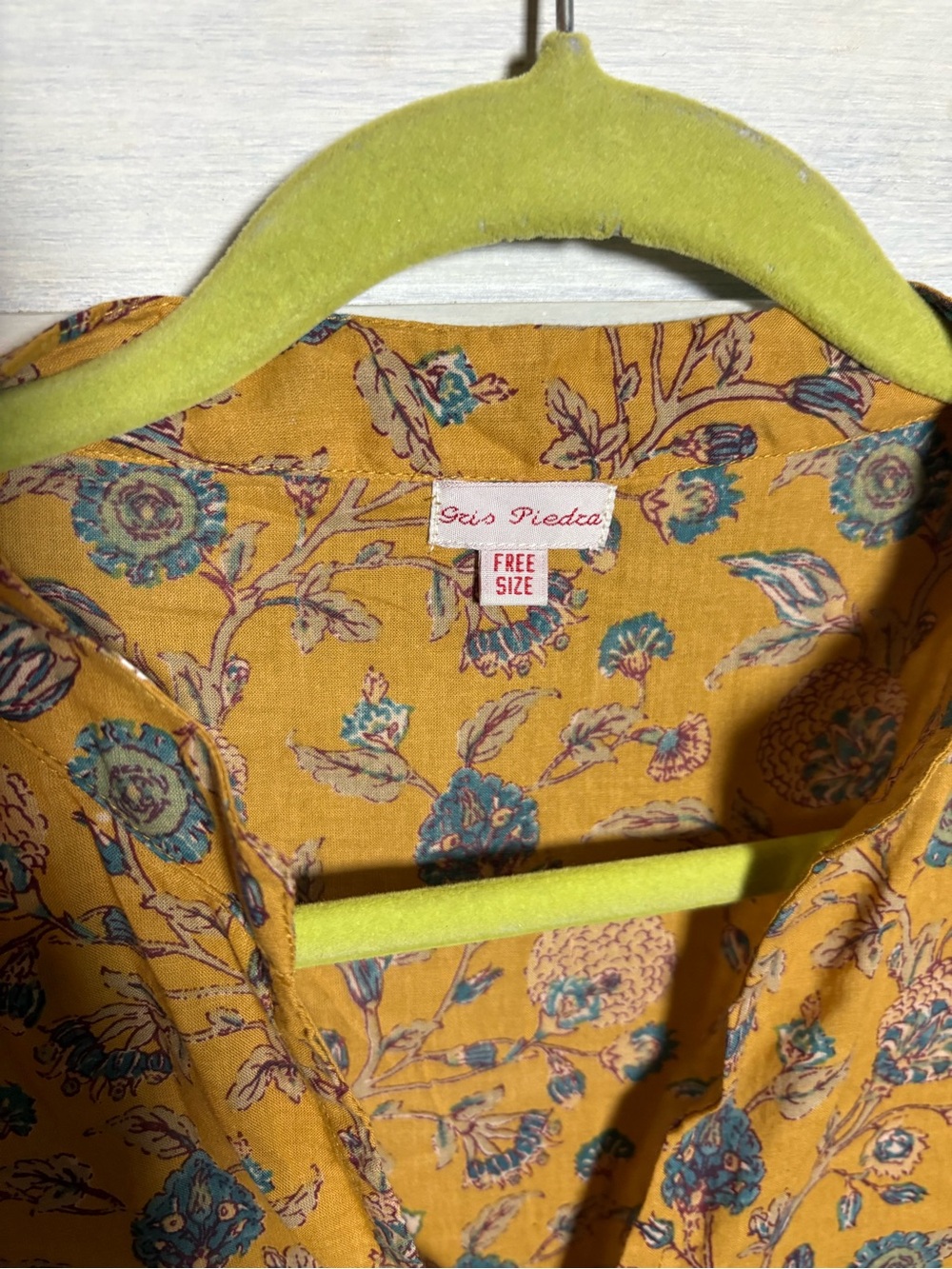 Golden Ochre Floral Block Print Empire Flowy Midi Dress European Effortless Boho - Picture 7 of 9